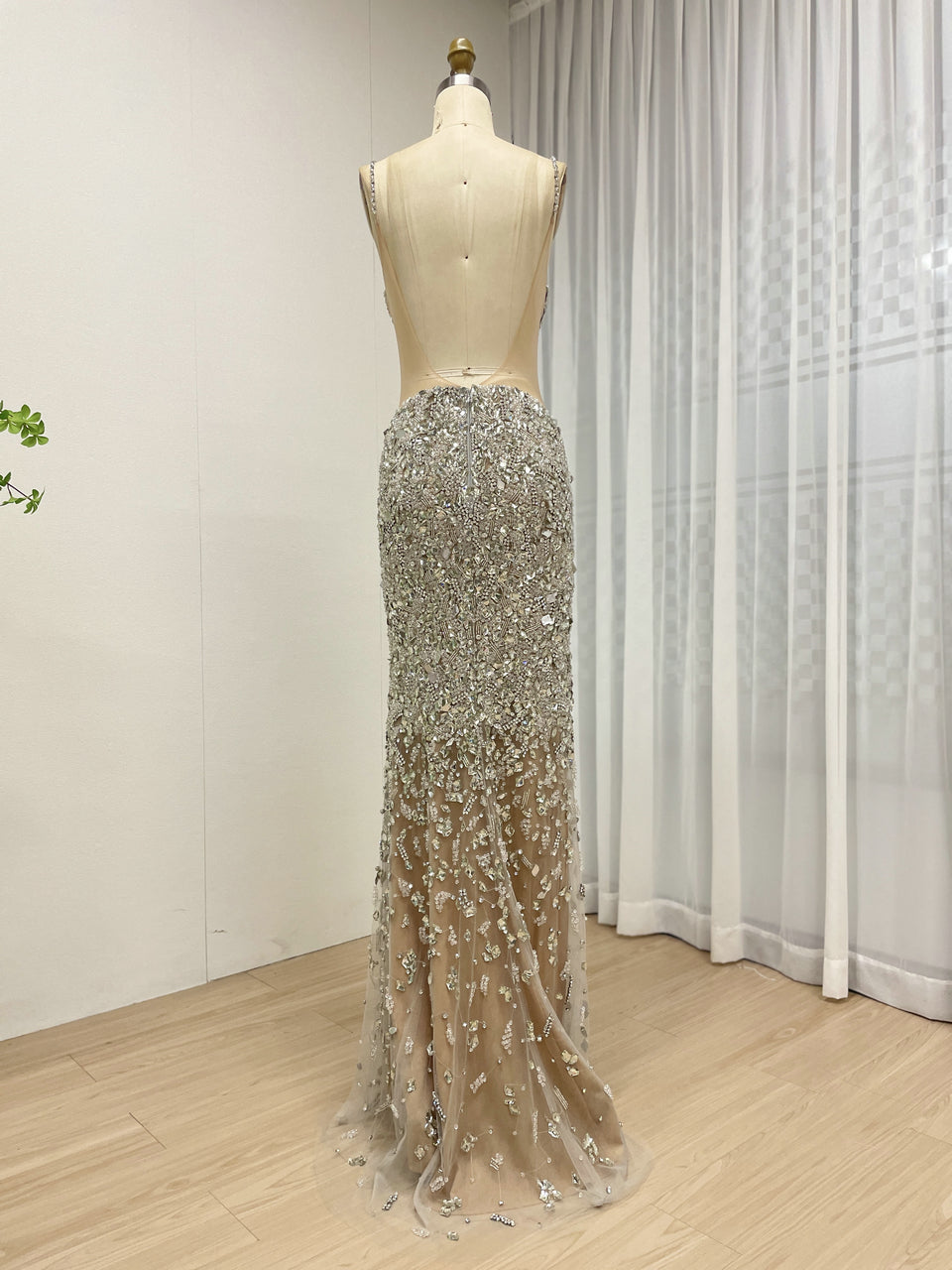Sexy Silver Cutout Gown Beaded Mermaid Dress Illusion Mesh Maxi Dress MC20110