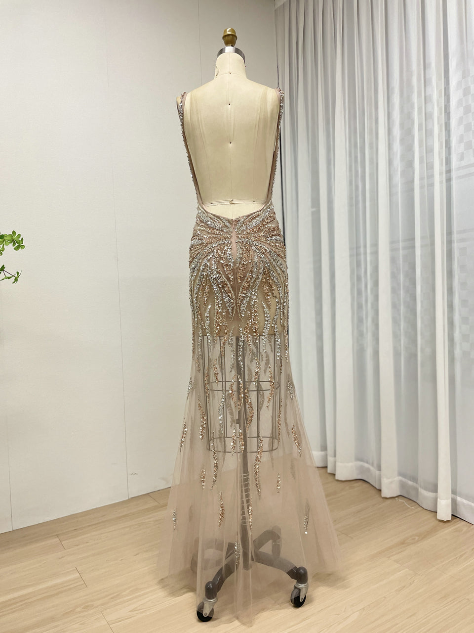 Gold Beaded Mermaid Evening Gown - V-Neck Illusion Mesh Formal Dress MC20111