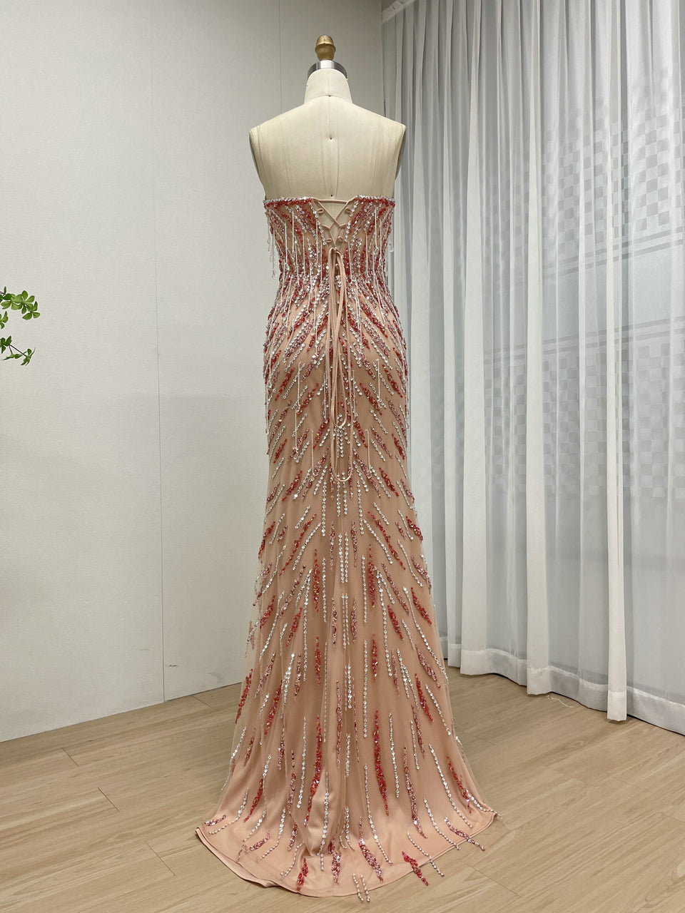 Beaded Mermaid Evening Gown with Sweetheart Neck - Pink Gold Formal Dress MC20113
