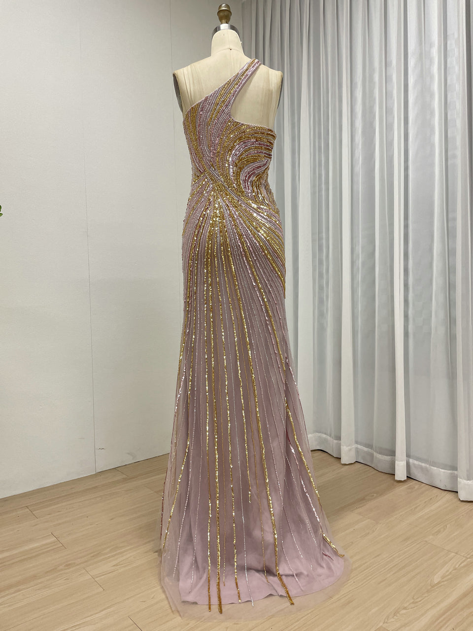 Pink and Gold Beaded One-Shoulder Evening Gown - High Slit Formal Dress MC20119