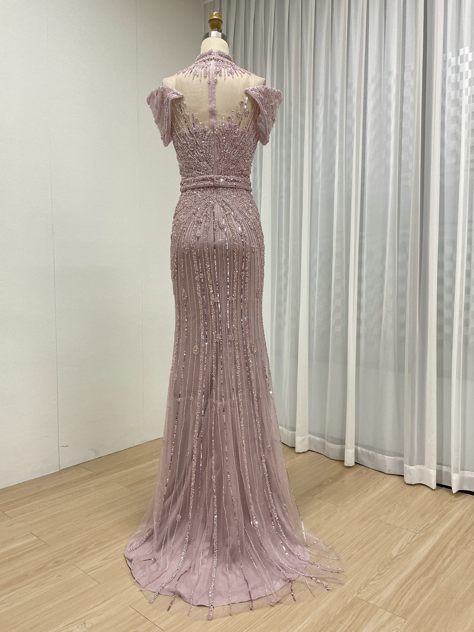 Luxury Hand-Beaded Caramel Mermaid Evening Gown - High Neck Cold-Shoulder Gala Dress MC20125