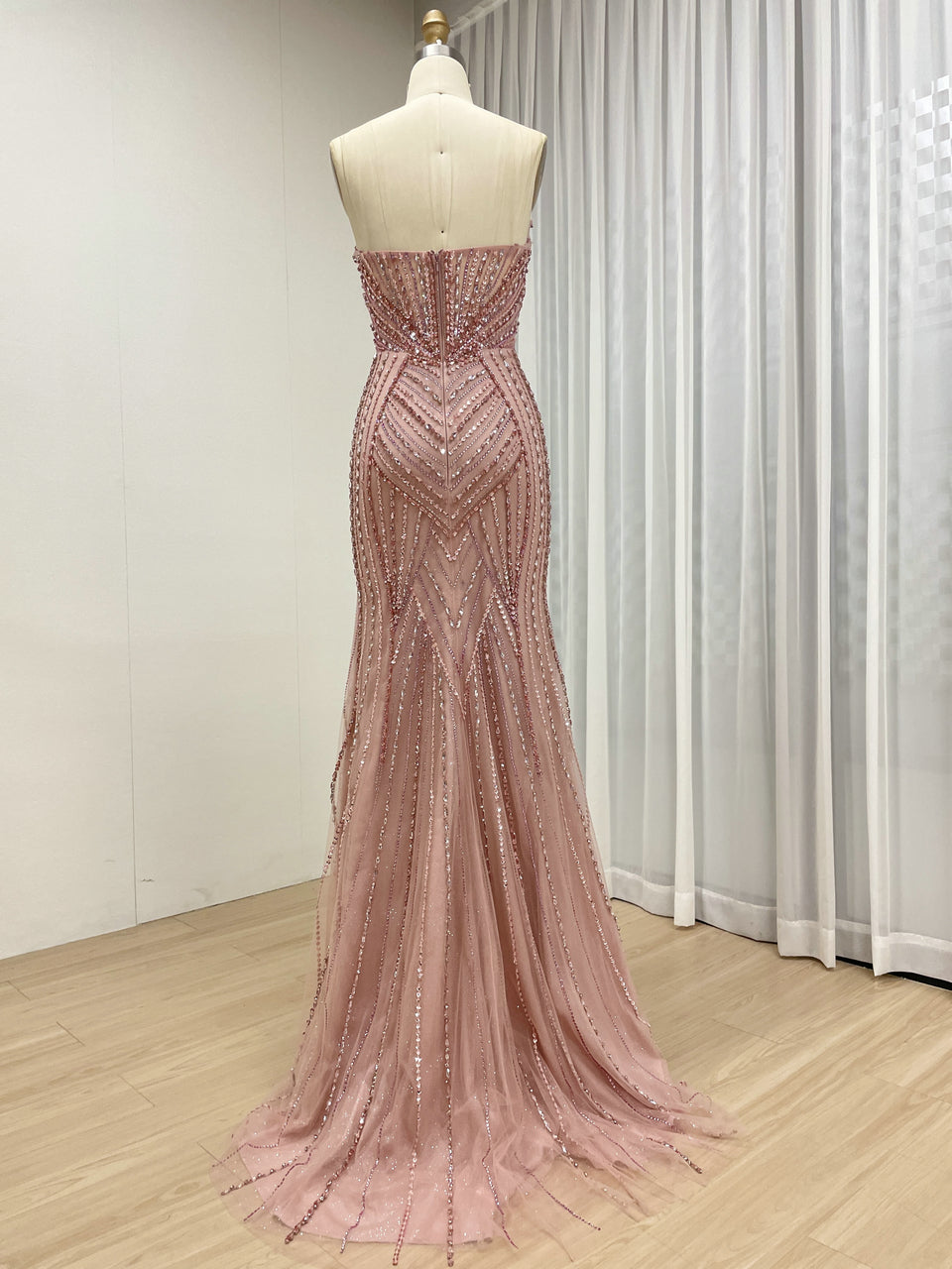 Sparkly Pink Handmade Beading Strapless Prom Dress - Mermaid Slit Gown MC20128