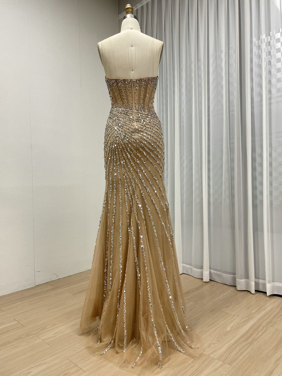 Luxurious Nude Illusion Sequin Mermaid Evening Gown with High Slit MC20129