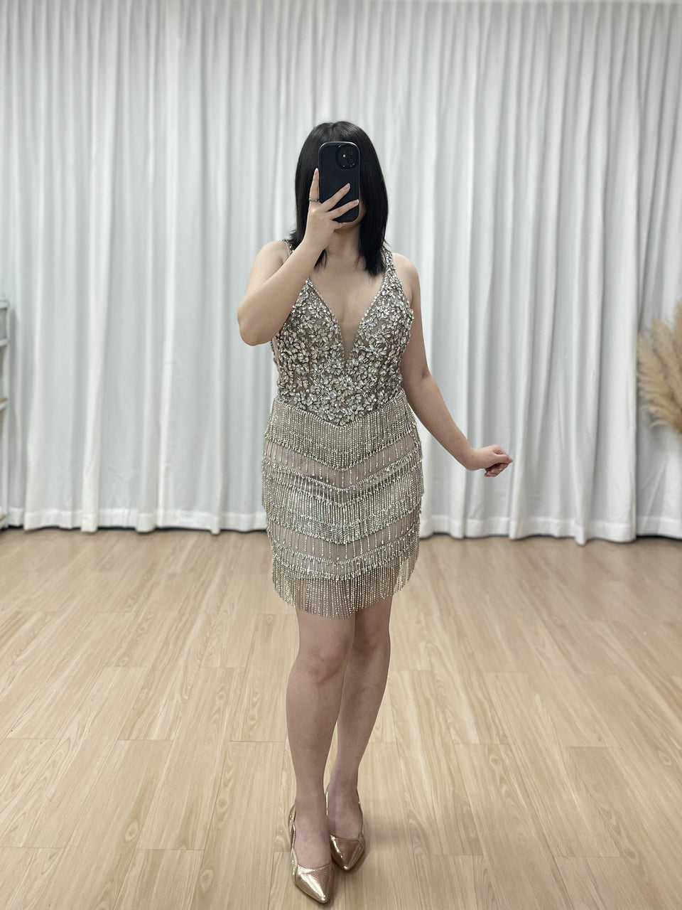 beaded fringe homecoming dress Sparkly Beaded V-Neck Mini Homecoming Dress with Fringe Skirt –- Caramel MC20130 Caramel / 14