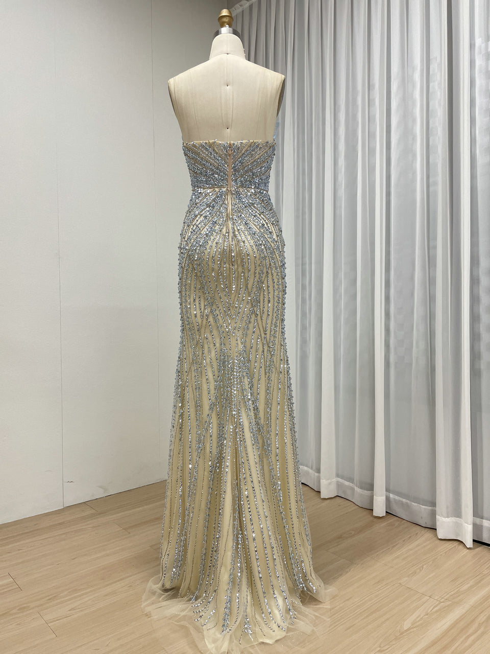 3D Floral Appliqué Handmade Beading Mermaid Gown – High Slit Evening Dress in Ice Blue MC20131