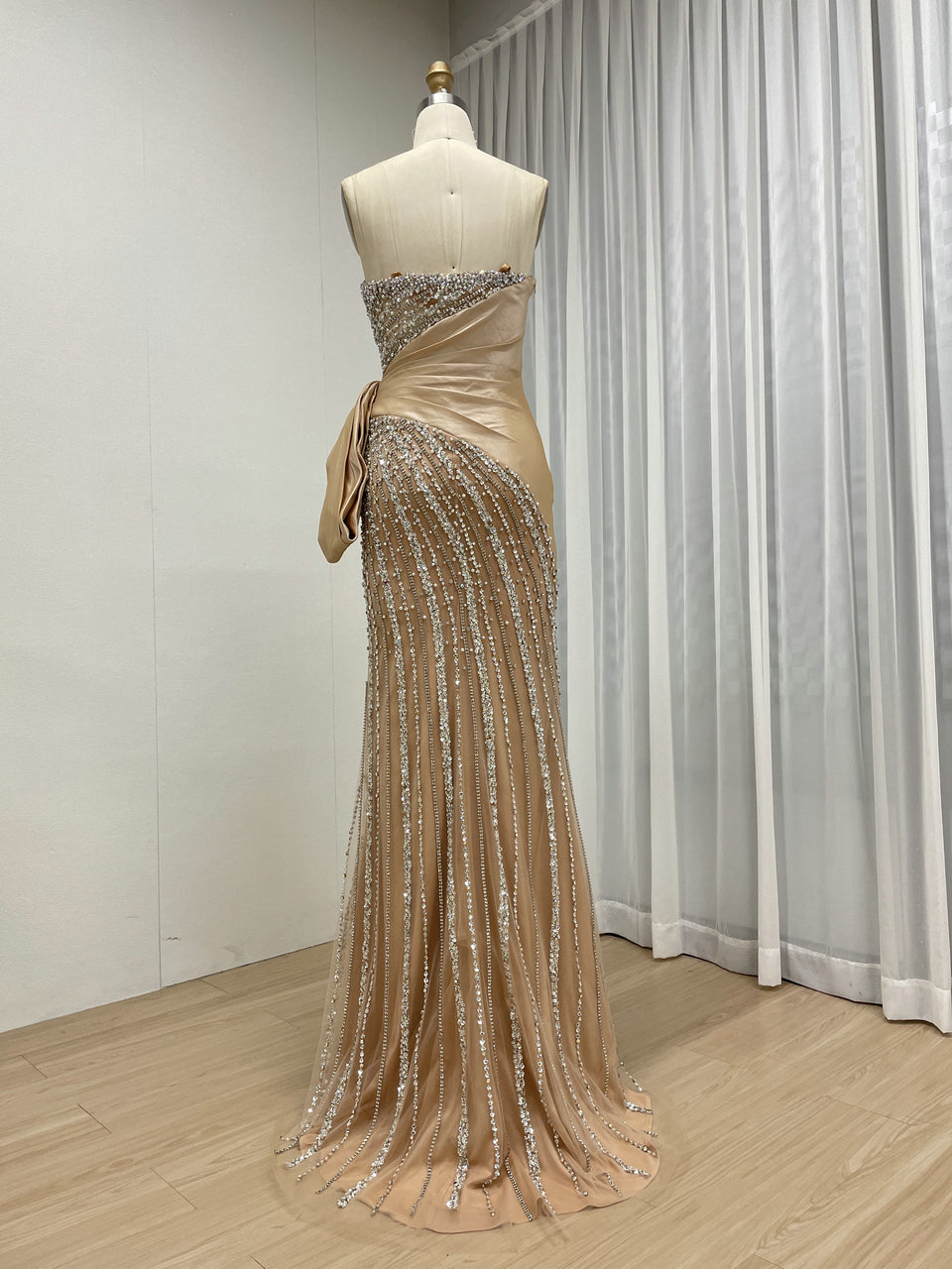 Nude Beading & Crystal Embellished Strapless Evening Gown - Asymmetrical Ruched Gala Dress MC20133