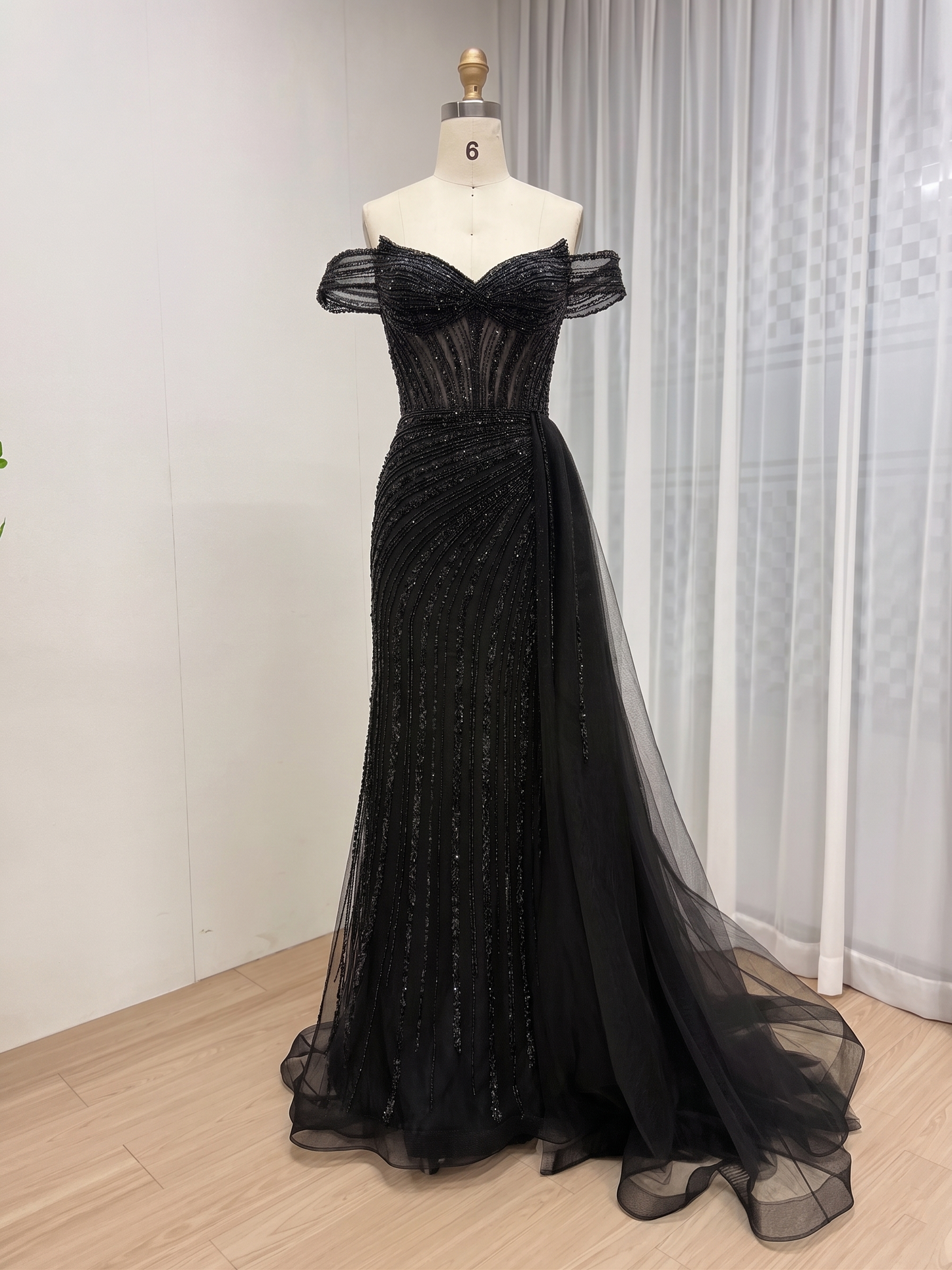 Luxury Champagne Off-the-Shoulder Beaded Mermaid Evening Gown With Tulle Train MC20135