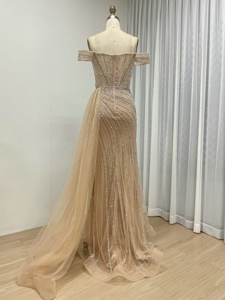hampagne Beaded Off-the-Shoulder Evening Gown with Tulle Train MC20135