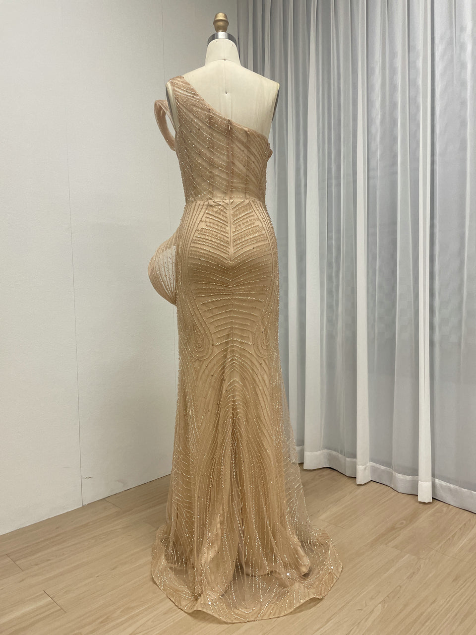 Champagne One-Shoulder Beaded Evening Gown with High Slit MC20137