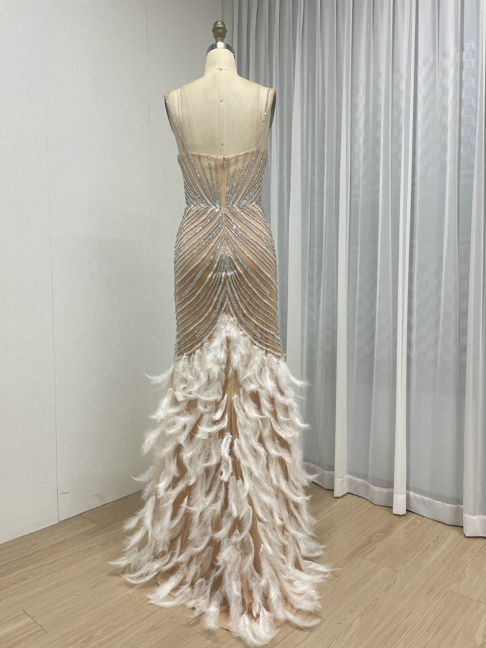Luxury Beaded Illusion Plunge Mermaid Prom Gown with Feather Skirt MC20138