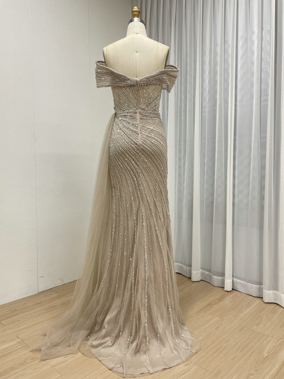 Champagne Off-the-Shoulder Beaded Evening Gown with High Slit & Tulle Train MC20139