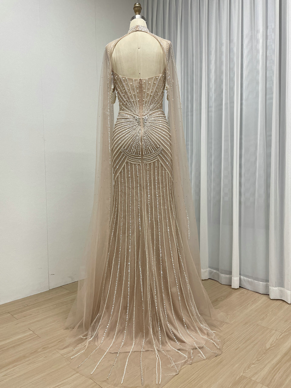 Luxury Champagne Beaded Evening Gown with Sheer Cape Pearl & Crystal Formal Dress MC20141