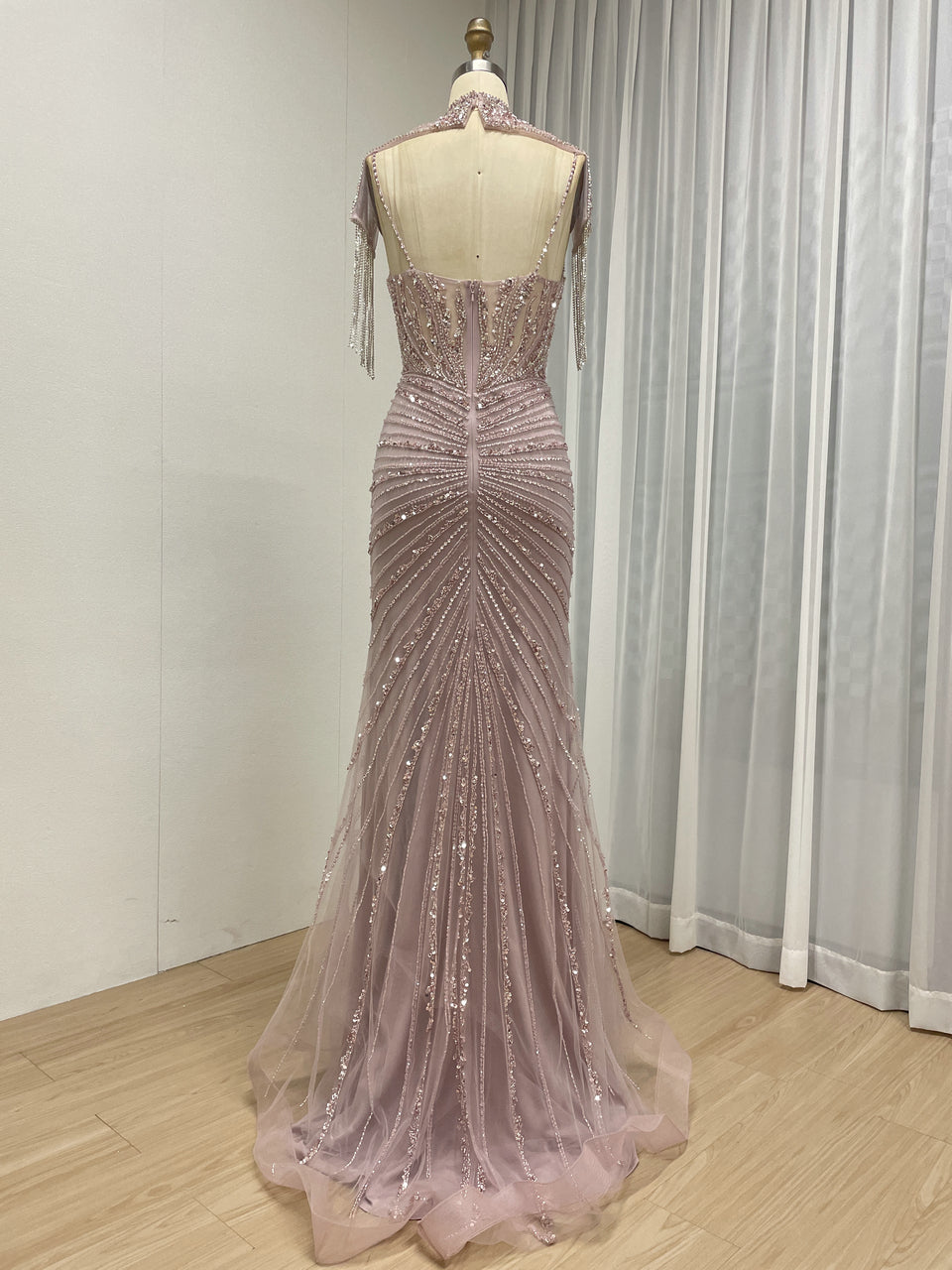 Champagne Crystal Beaded Mermaid Evening Gown with Choker Neck MC20147