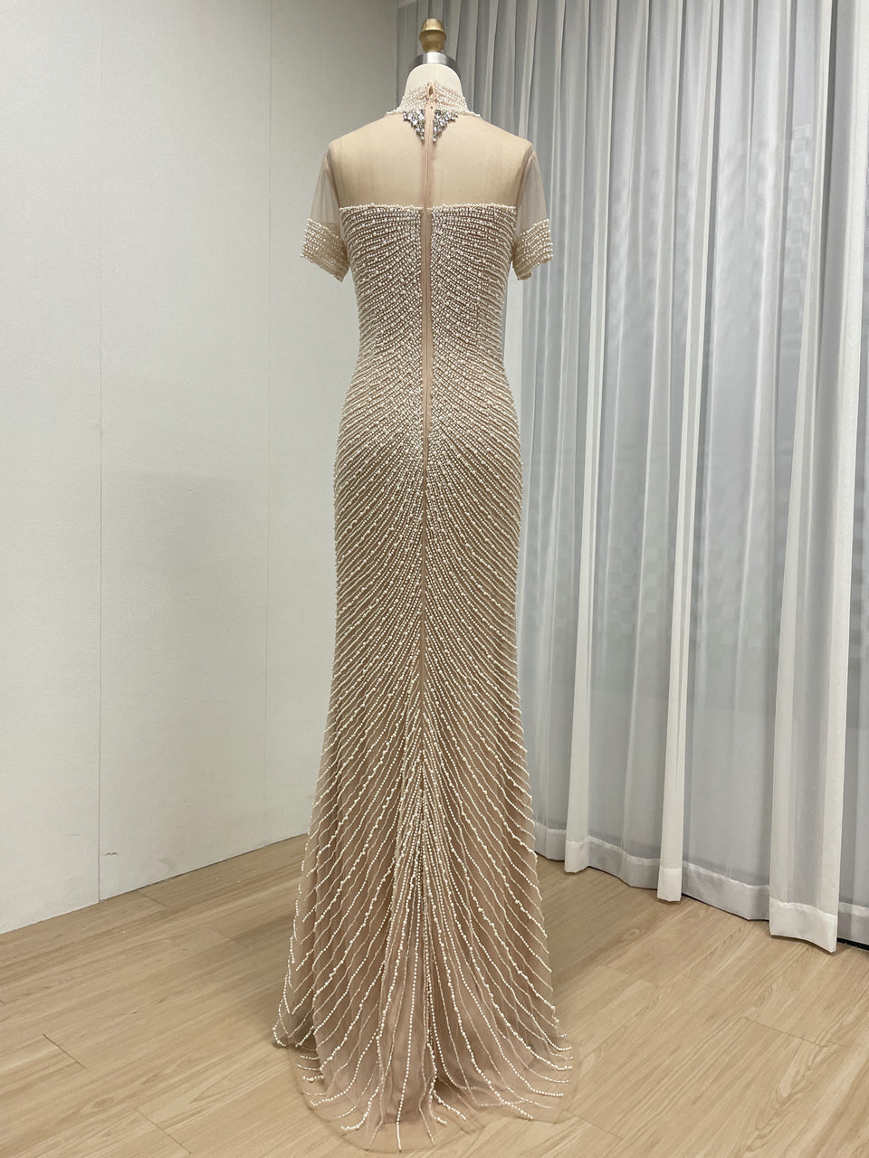 Pink Pearl Beaded Illusion Neckline Evening Gown with Slit MC20149