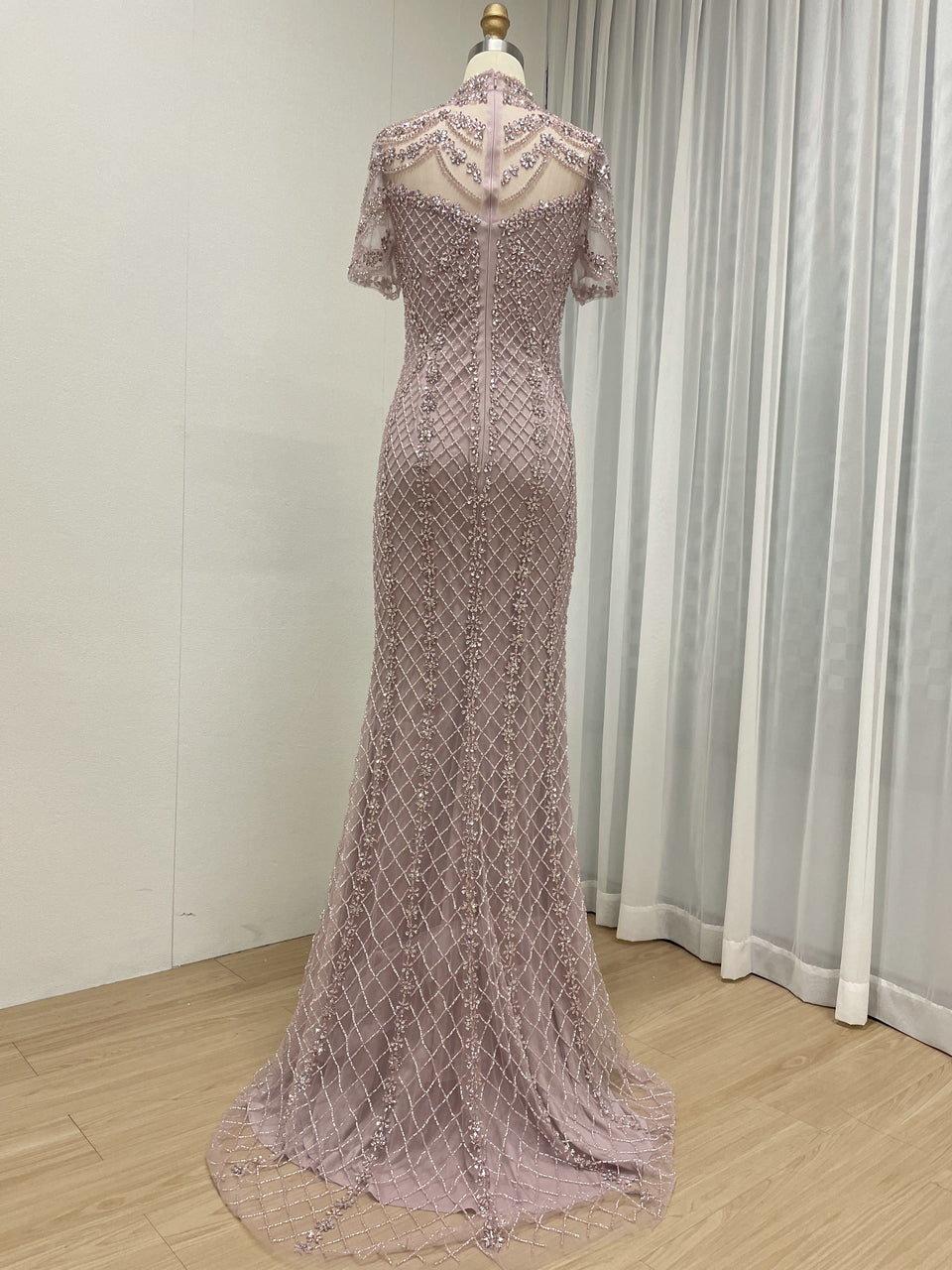 Champagne Beaded Illusion High Neck Mermaid Evening Gown MC20150