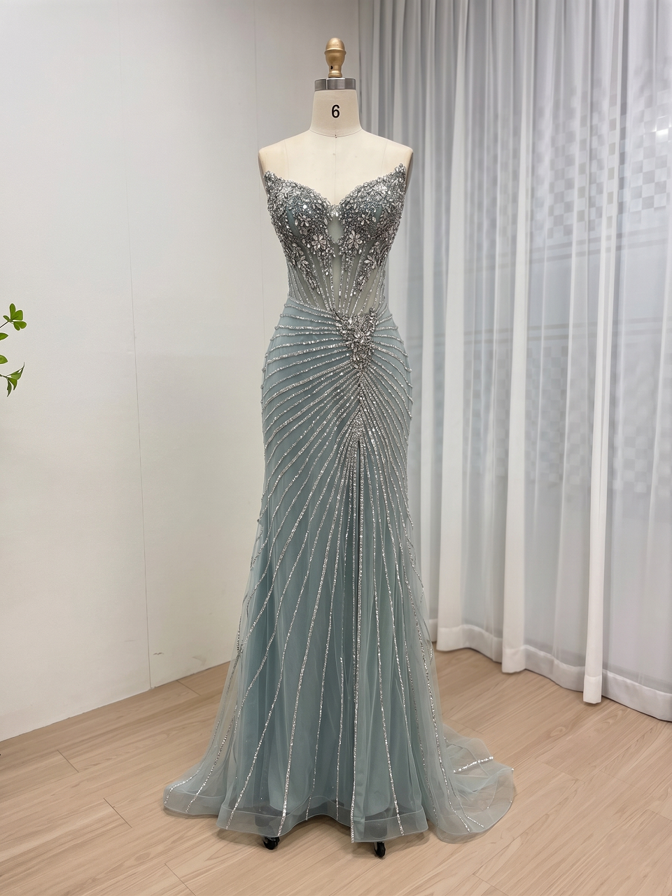 Champagne Crystal Rhinestone Evening Gown with Corset Bodice MC20155