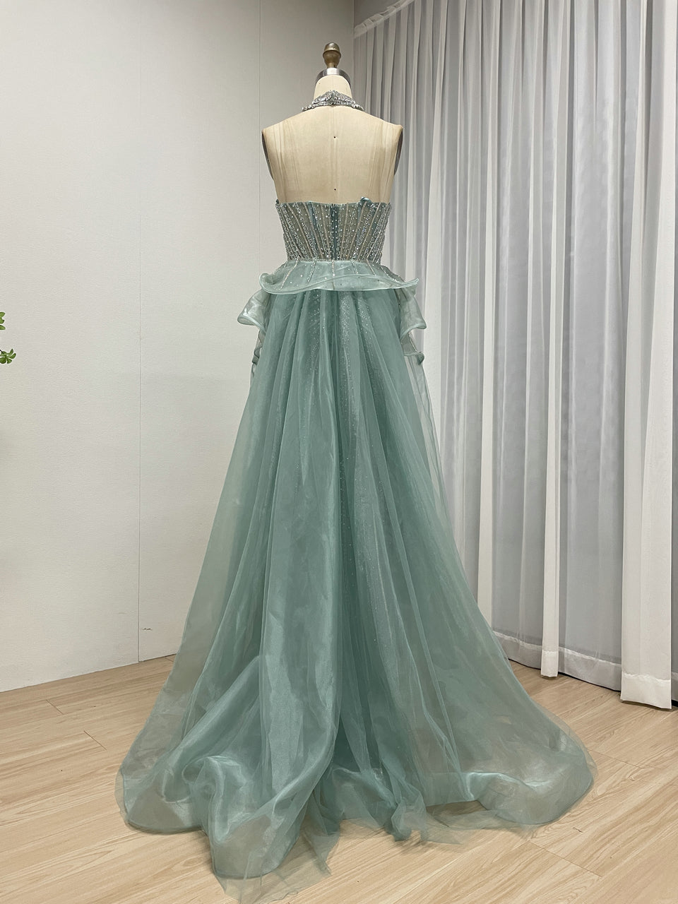 Luxury Champagne Beaded Strapless Prom Evening Dress with Sheer Overskirt MC20158