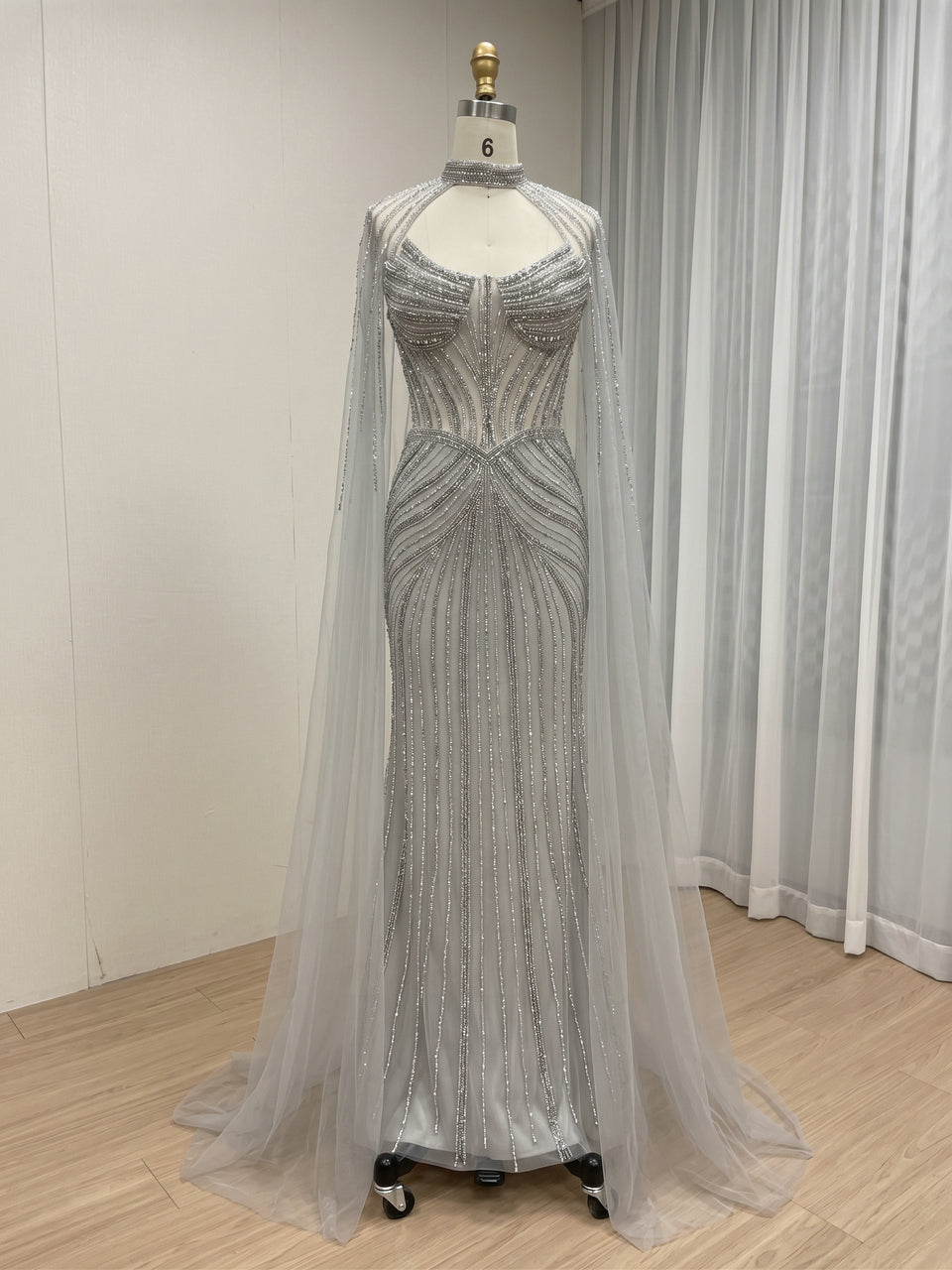 Luxury Champagne Beaded Evening Gown with Halter Neck & Attached Capes MC20159