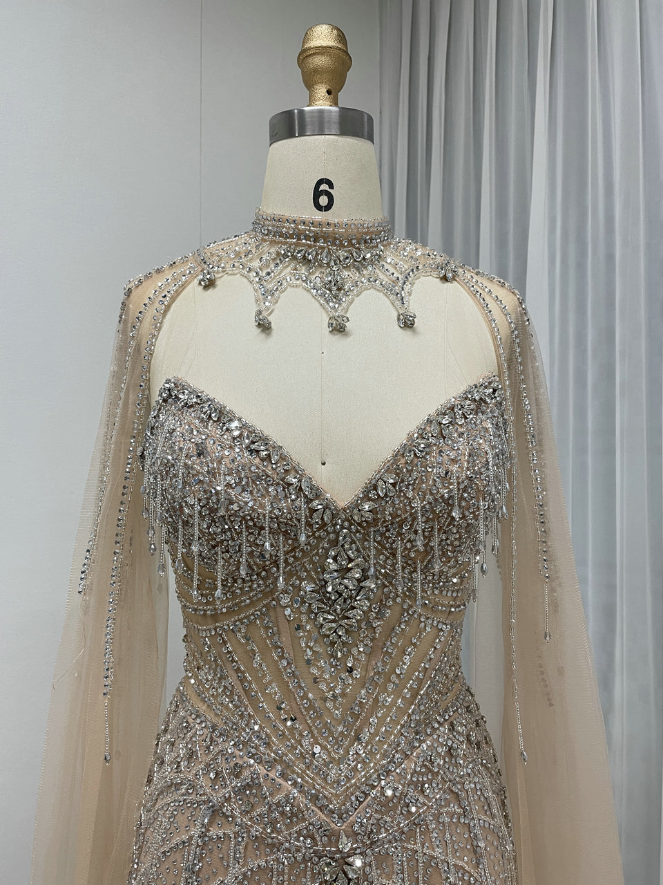 Hot Selling Illusion High-Neck Crystal Beaded Pink Long Evening Dress With Cape Sleeve MC20160