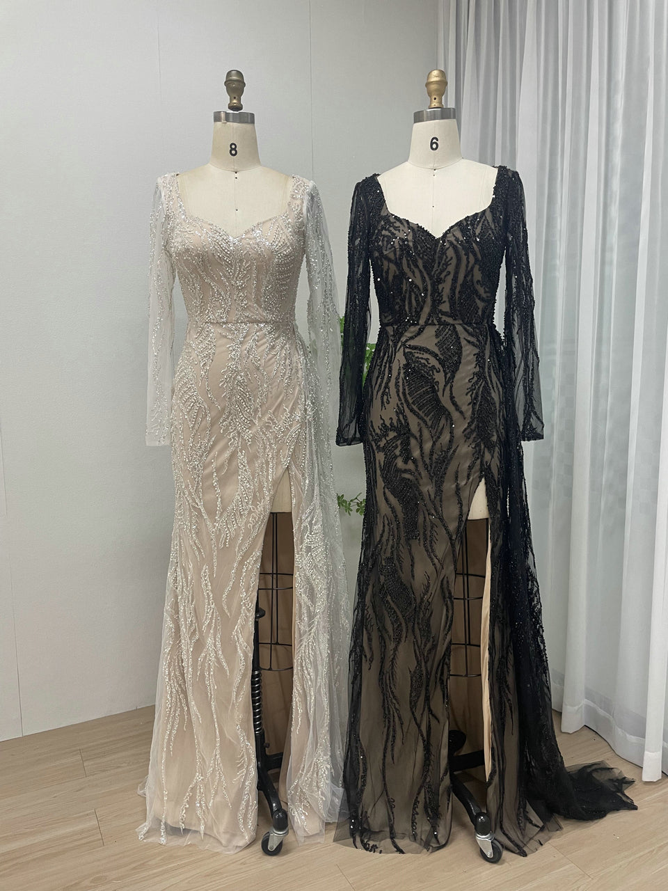 Couture Embroidered Long Sleeve Lace Evening Gown – High Split For Red Carpet Galas MY20004