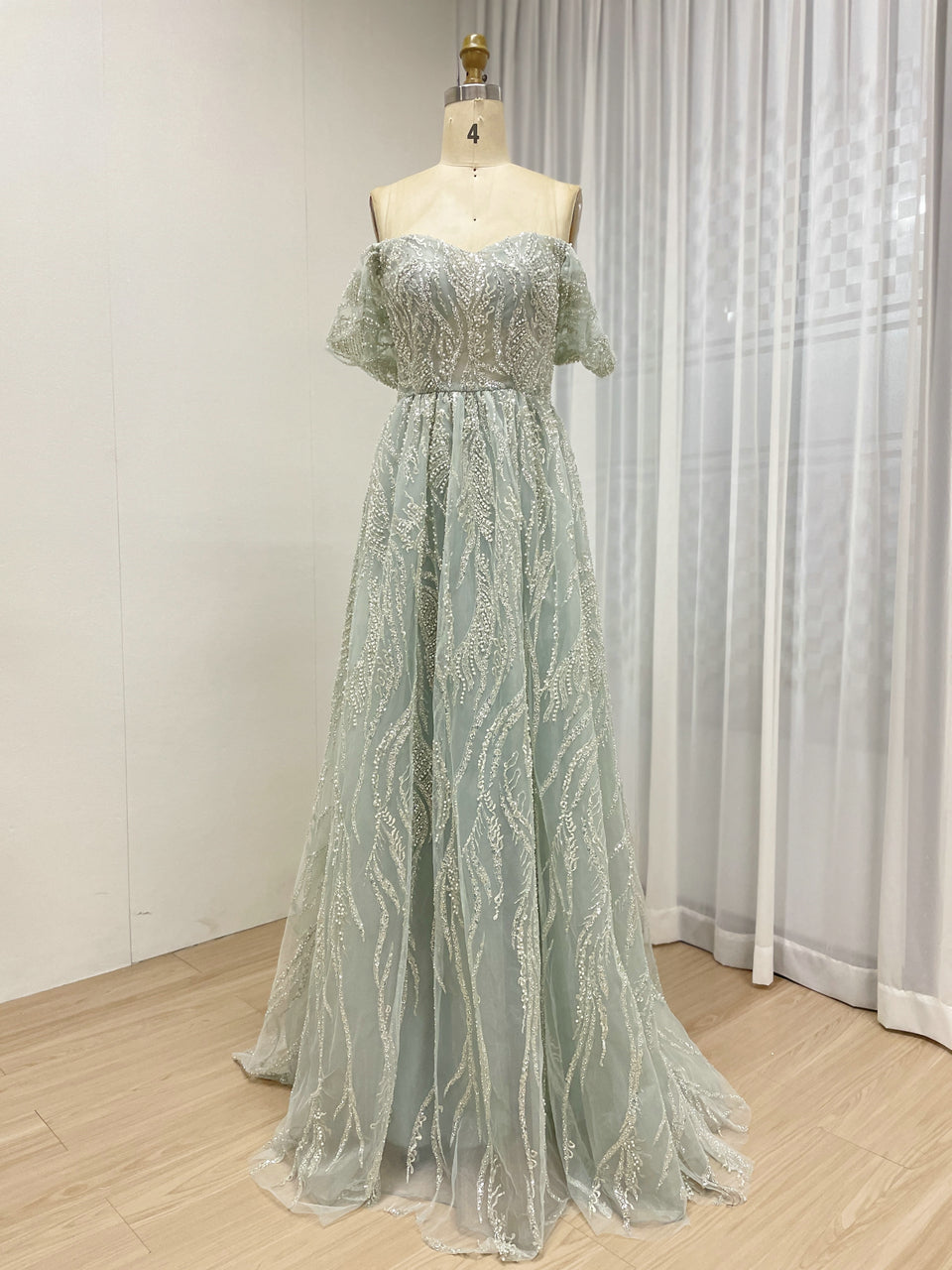Elegant Off-Shoulder Beaded Leaf Pattern A-Line Evening Gown Champagne Prom Dress for Women MY20005-2