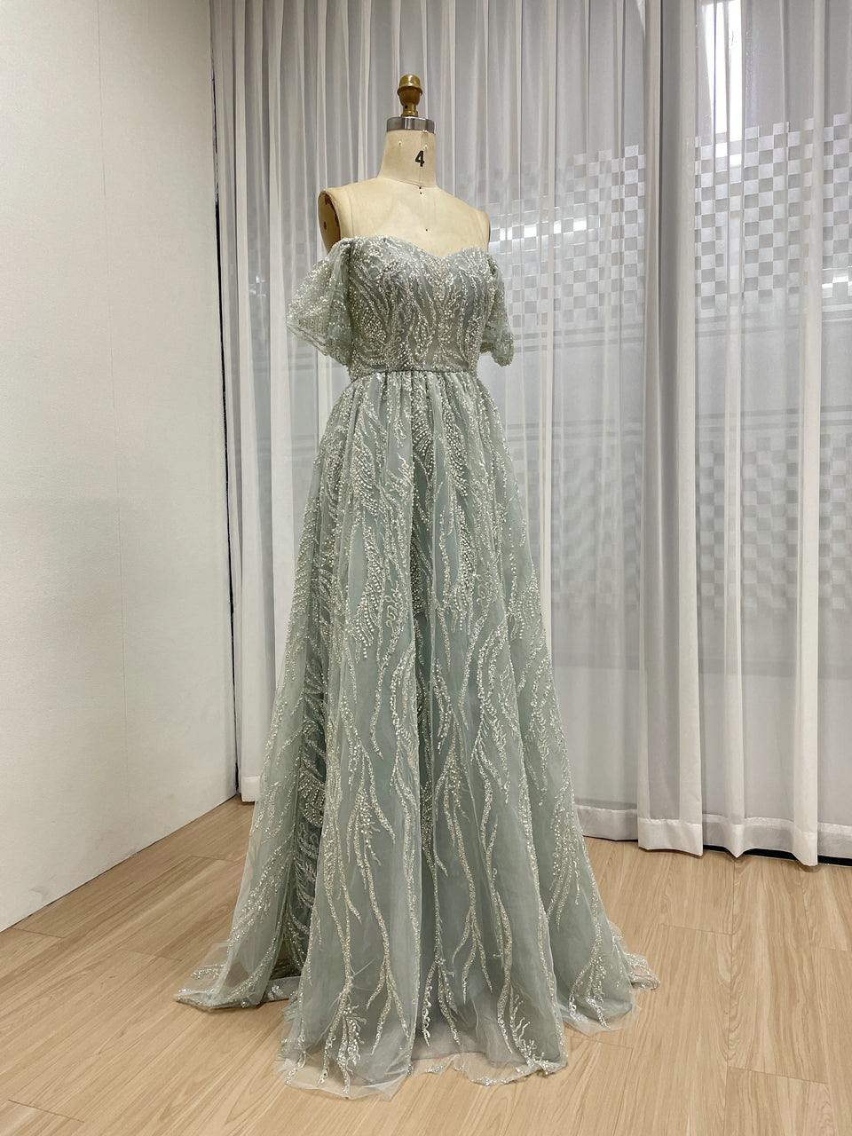 Elegant Off-Shoulder Beaded Leaf Pattern A-Line Evening Gown Champagne Prom Dress for Women MY20005-2