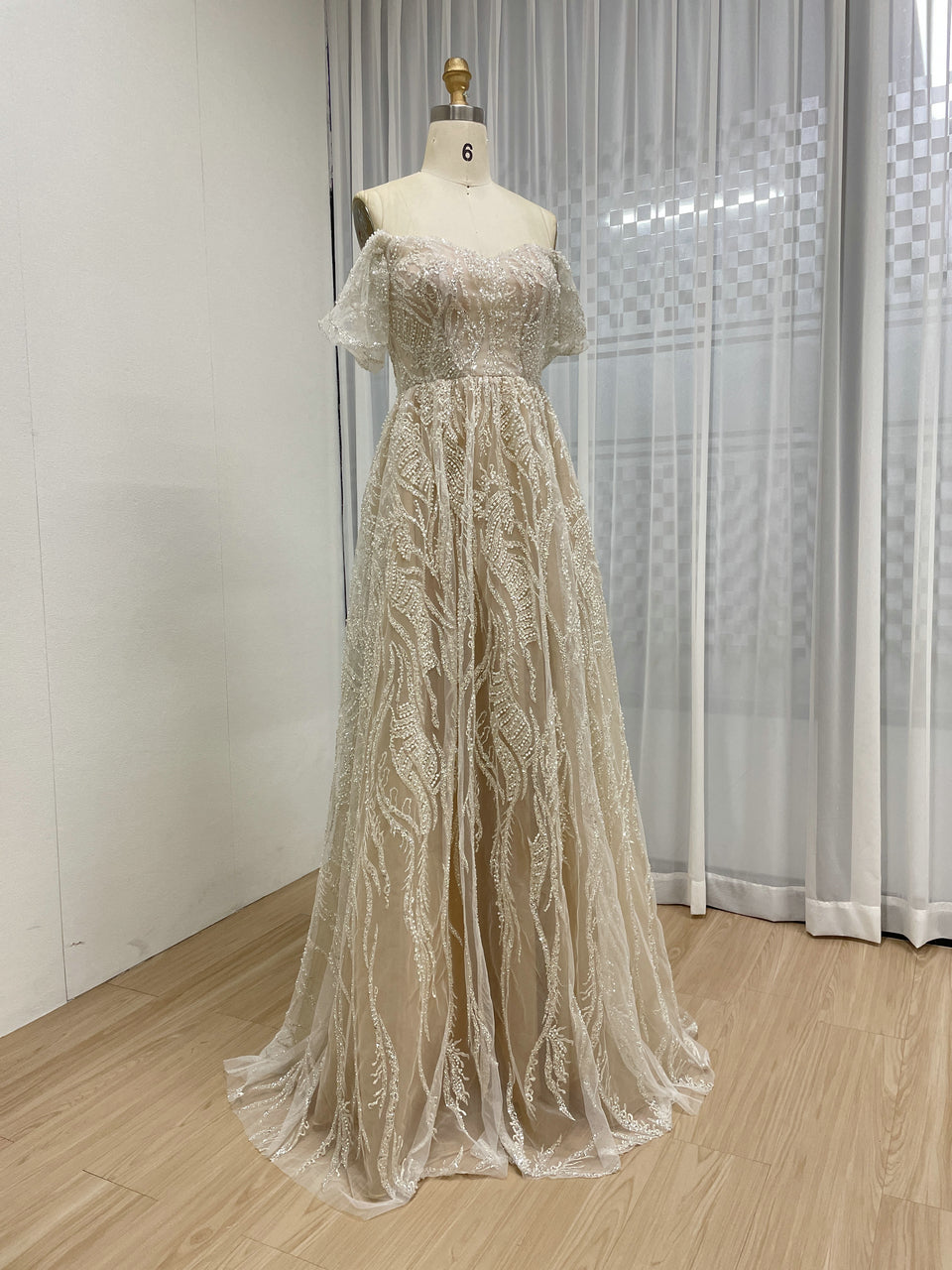 Elegant Off-Shoulder Beaded Leaf Pattern A-Line Evening Gown Champagne Prom Dress for Women MY20005-2