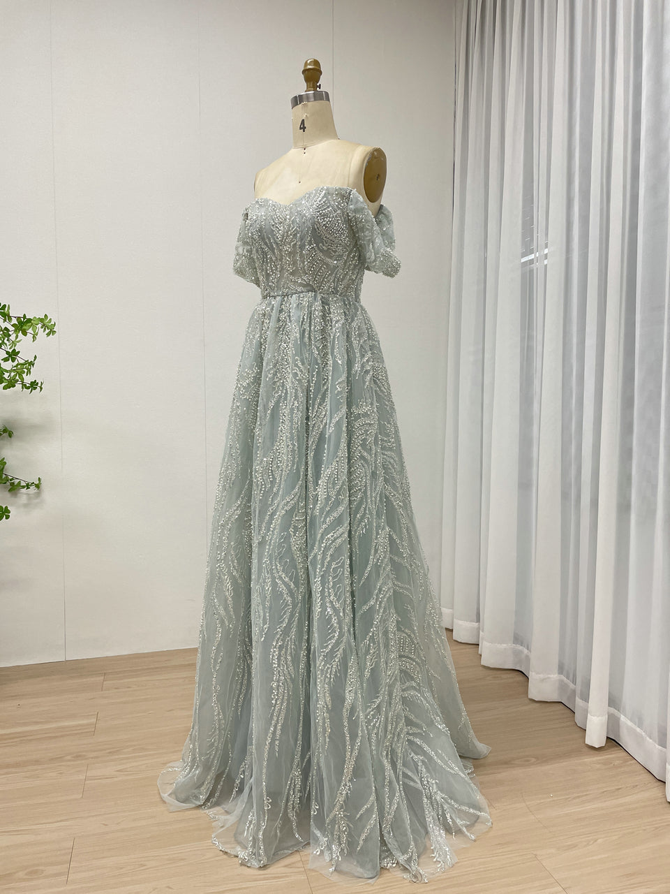 Elegant Off-Shoulder Beaded Leaf Pattern A-Line Evening Gown Champagne Prom Dress for Women MY20005-2