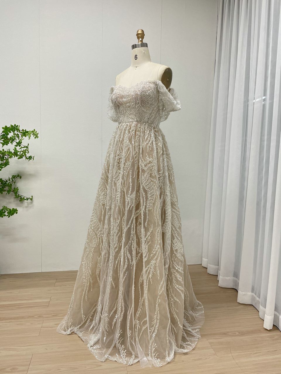Elegant Off-Shoulder Beaded Leaf Pattern A-Line Evening Gown Champagne Prom Dress for Women MY20005-2