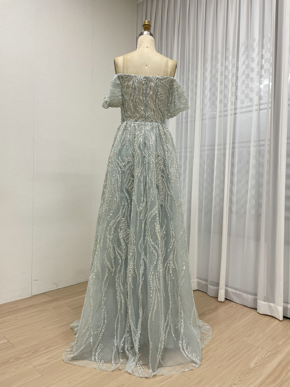 Elegant Off-Shoulder Beaded Leaf Pattern A-Line Evening Gown Champagne Prom Dress for Women MY20005-2