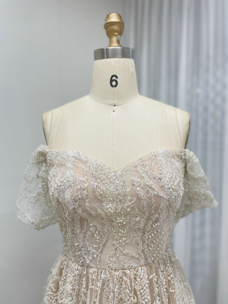 Elegant Off-Shoulder Beaded Leaf Pattern A-Line Evening Gown Champagne Prom Dress for Women MY20005-2