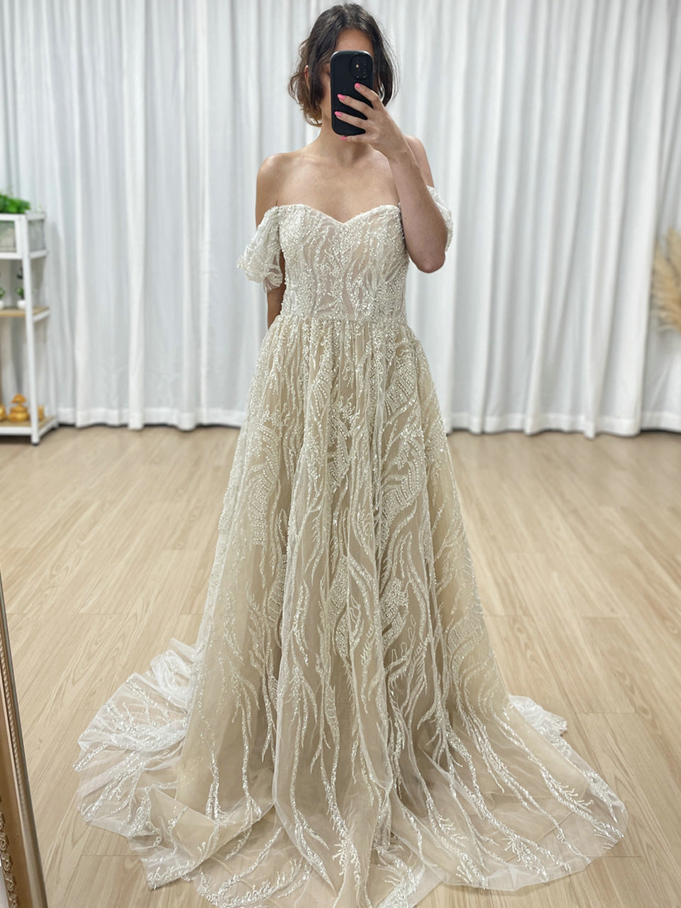 Elegant Off-Shoulder Beaded Leaf Pattern A-Line Evening Gown Champagne Prom Dress for Women MY20005-2