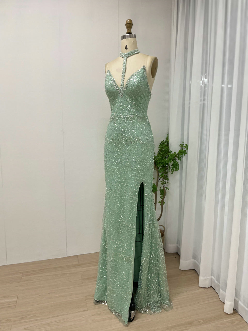 Elegant Mint Green Sequin Slit Gown for Prom MY30004