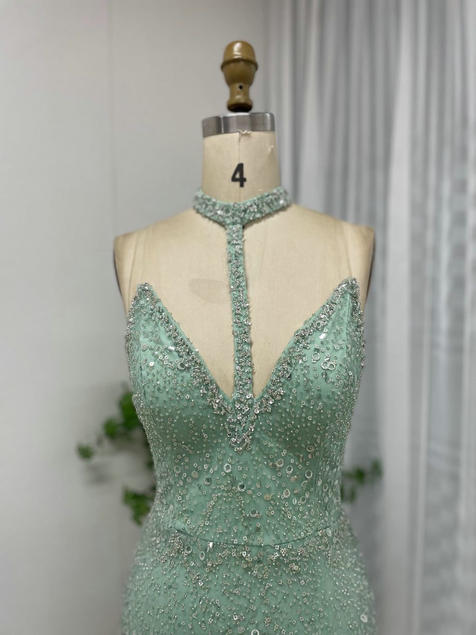 Elegant Mint Green Sequin Slit Gown for Prom MY30004