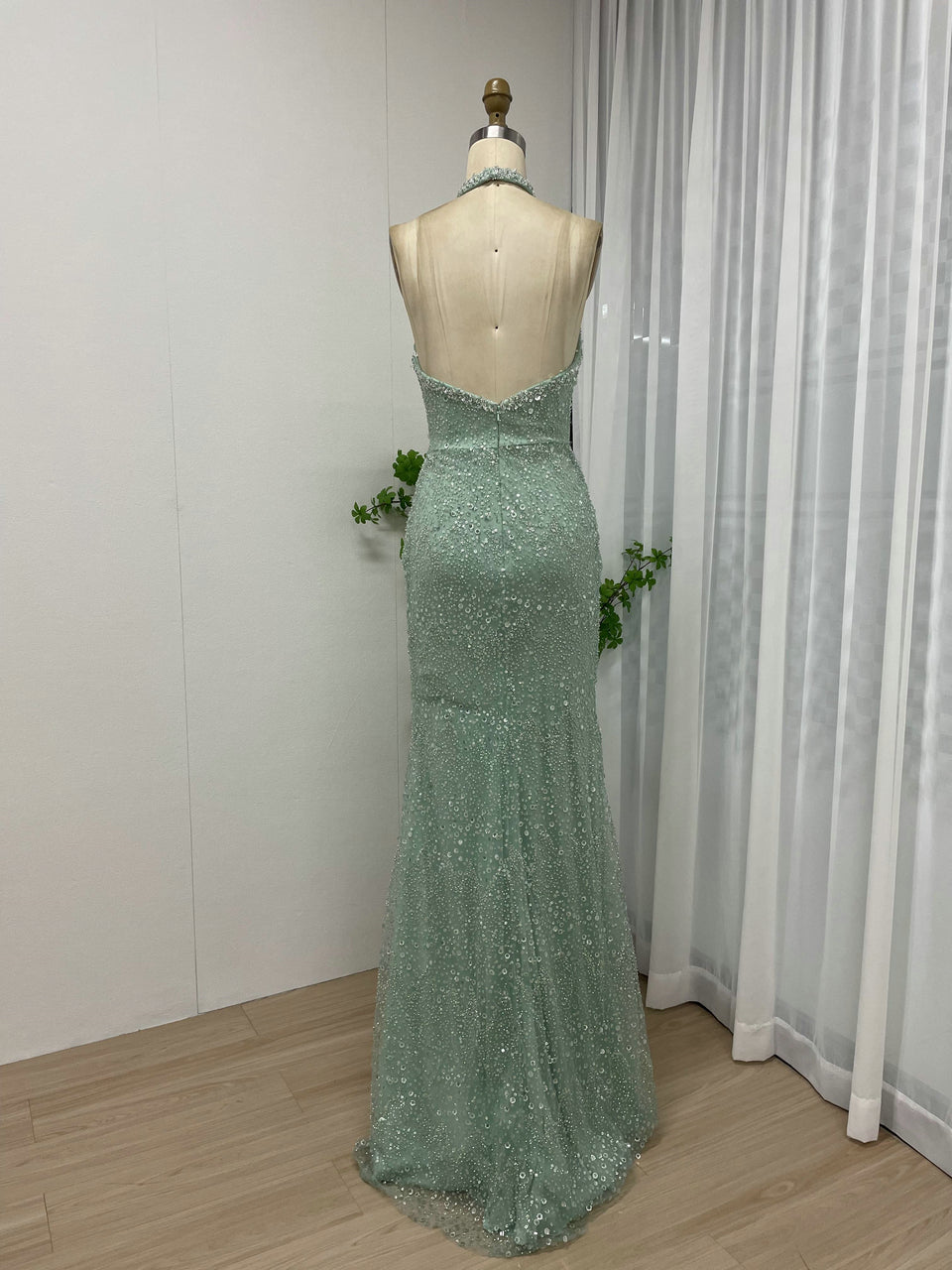 Elegant Mint Green Sequin Slit Gown for Prom MY30004