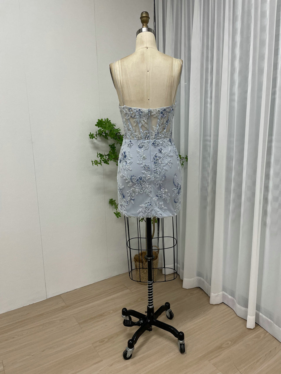 Light Blue Floral Embroidered Tulle Corset Prom Dress with High Slit MY30012