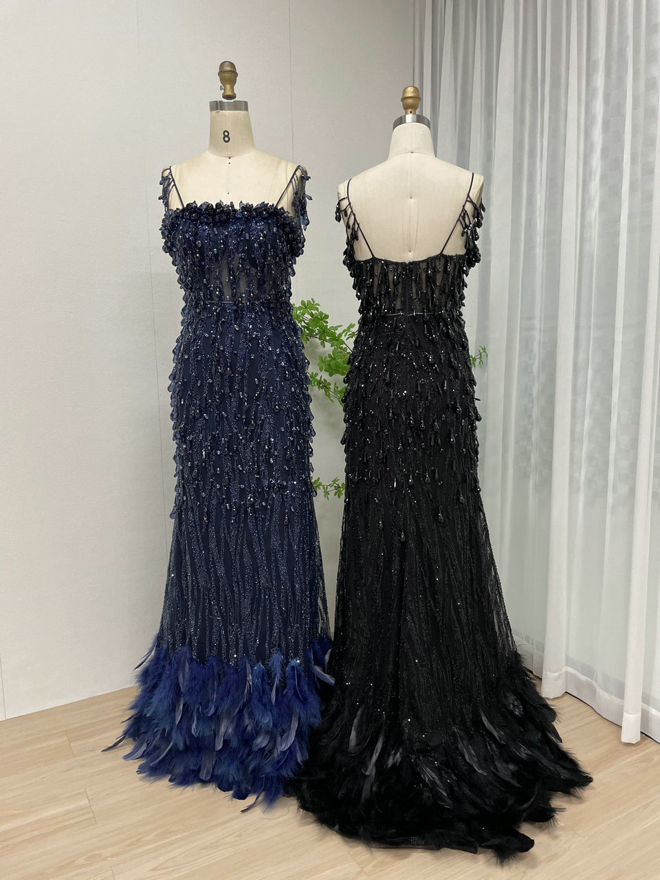 Midnight Onyx 3D Sequin & Feather Mermaid Gown - Beaded Couture Evening Dress MY30013-2