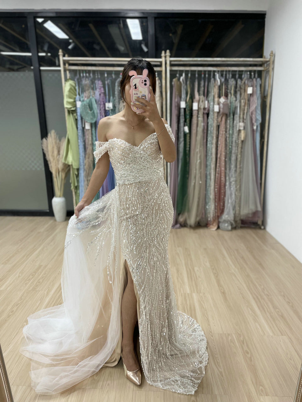 Off Shoulder Ruffle Beading Lace Split Engagement Party Evening Dress MY30022