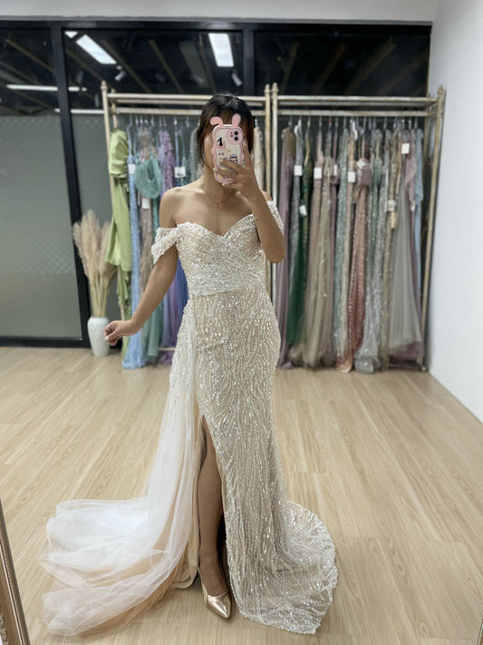 Off Shoulder Ruffle Beading Lace Split Engagement Party Evening Dress MY30022