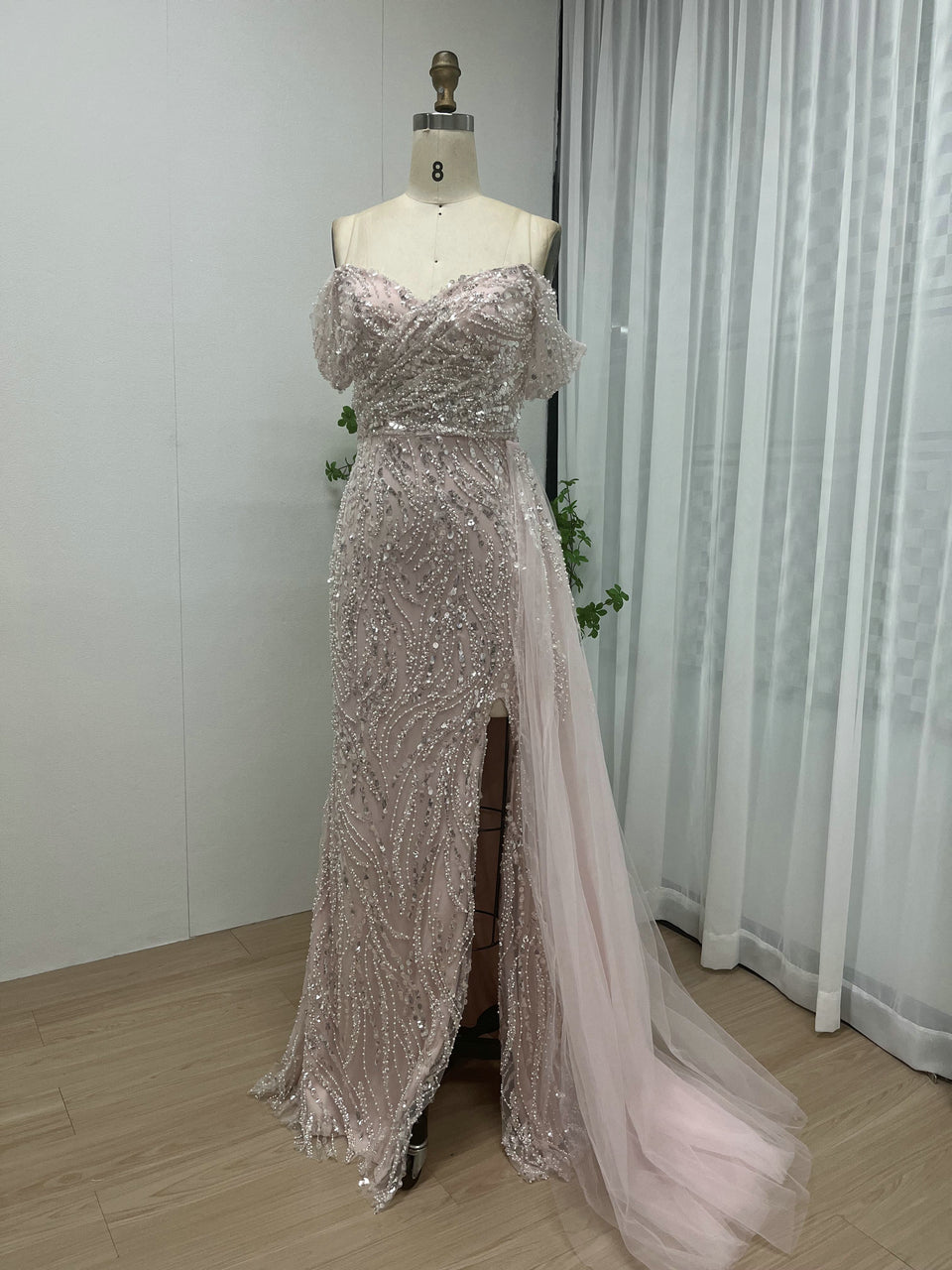 Off Shoulder Ruffle Beading Lace Split Engagement Party Evening Dress MY30022