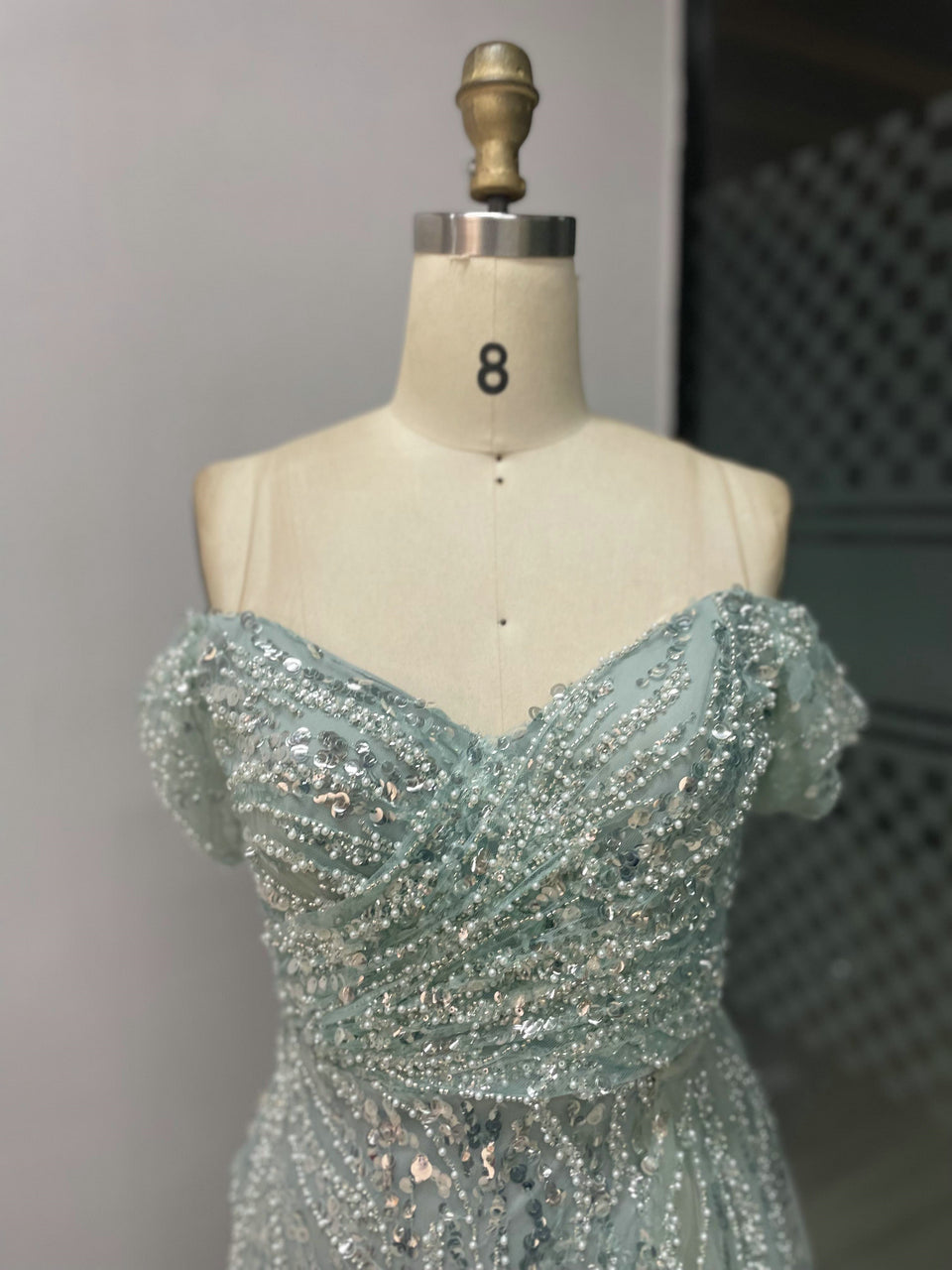Off Shoulder Ruffle Beading Lace Split Engagement Party Evening Dress MY30022