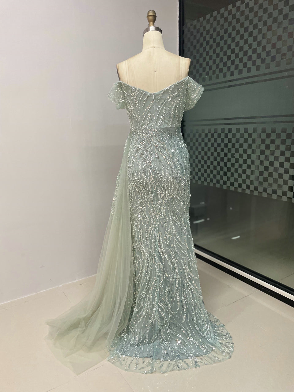 Off Shoulder Ruffle Beading Lace Split Engagement Party Evening Dress MY30022