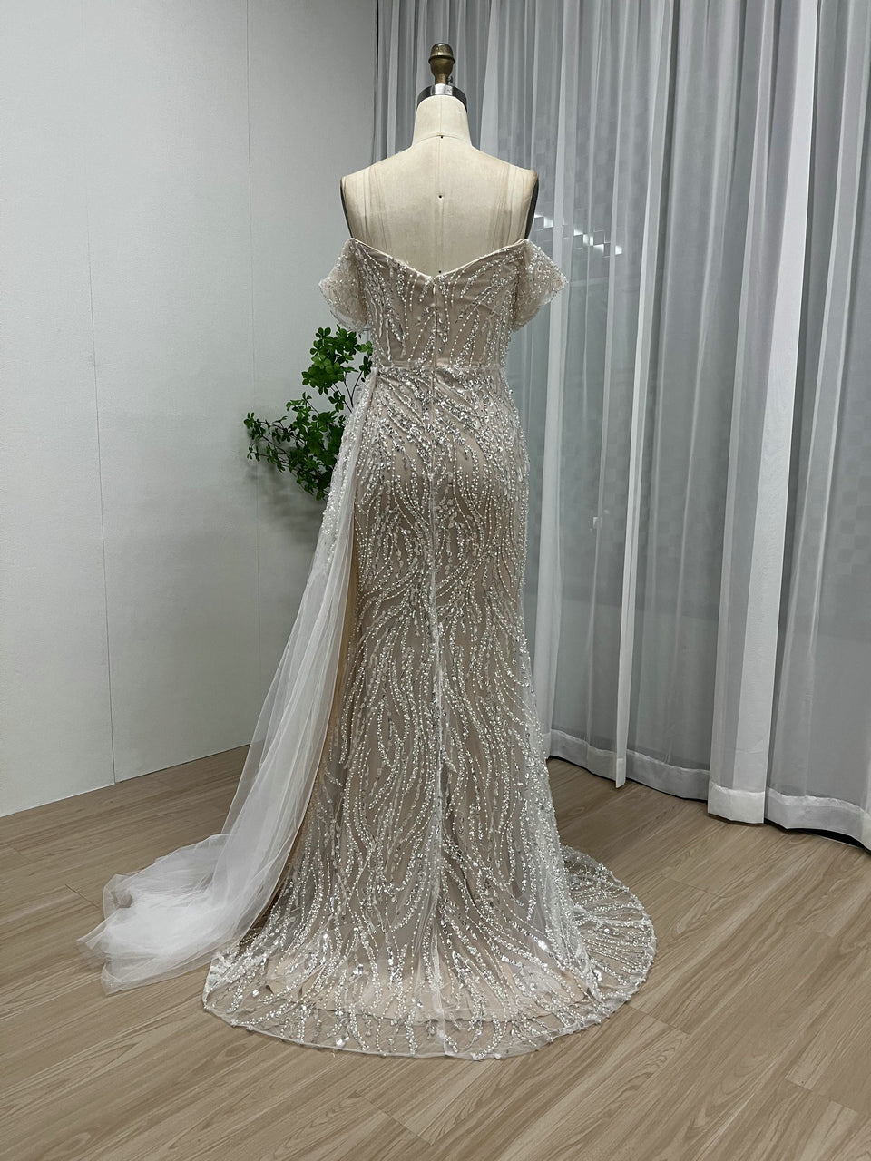 Off Shoulder Ruffle Beading Lace Split Engagement Party Evening Dress MY30022