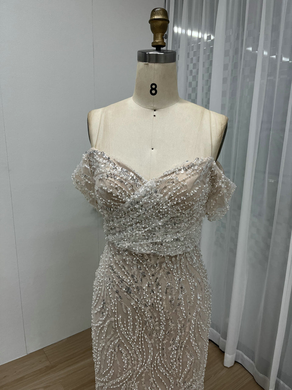 Off Shoulder Ruffle Beading Lace Split Engagement Party Evening Dress MY30022