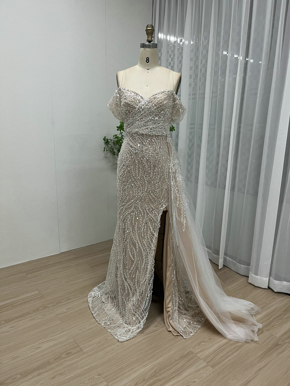 Off Shoulder Ruffle Beading Lace Split Engagement Party Evening Dress MY30022