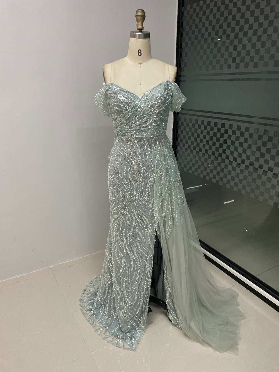 Off Shoulder Ruffle Beading Lace Split Engagement Party Evening Dress MY30022