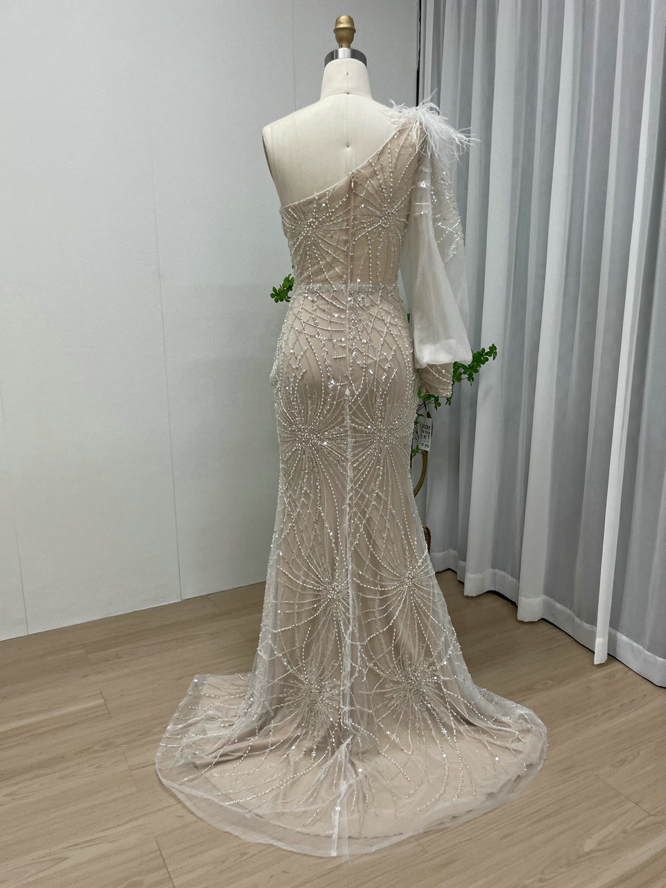 Luxury One Shoulder Formal Dress Glamorous Feather Beaed Mermaid Slit MY30026