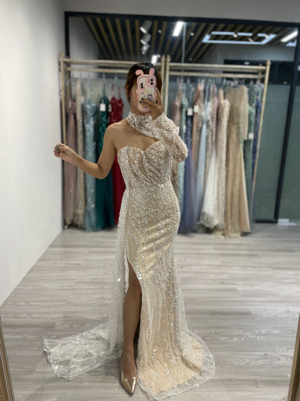 Trendy Chic One Shoulder High Split Beading Lace Wedding Party Dress MY30033