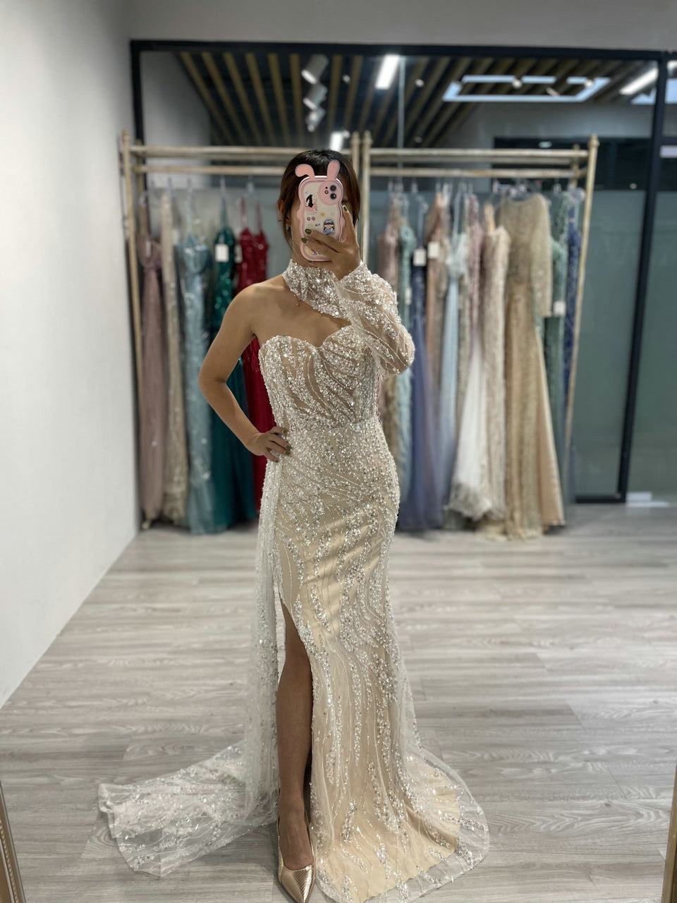 Trendy Chic One Shoulder High Split Beading Lace Wedding Party Dress MY30033