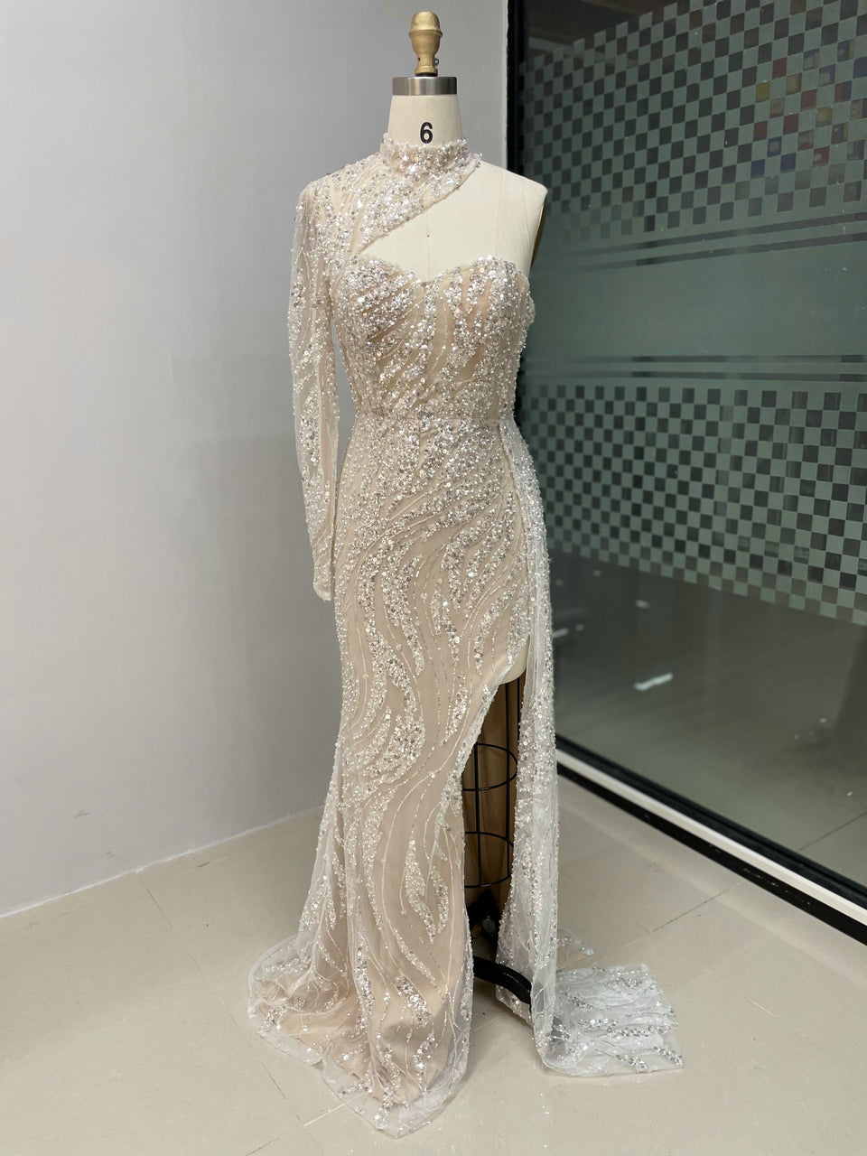 Trendy Chic One Shoulder High Split Beading Lace Wedding Party Dress MY30033